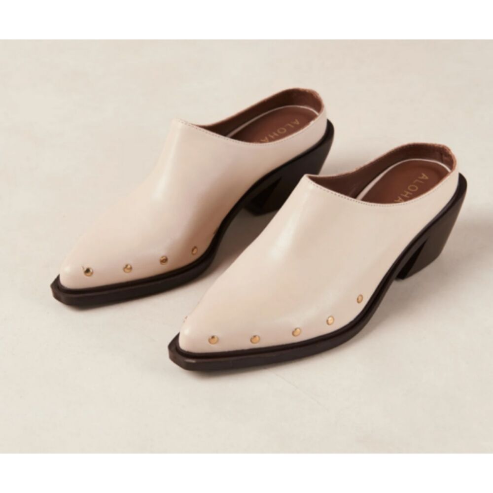 ALOHAS Lorenzo Mules 41 Cream Leather Pointed Toe Studded Cuban Heel Spain